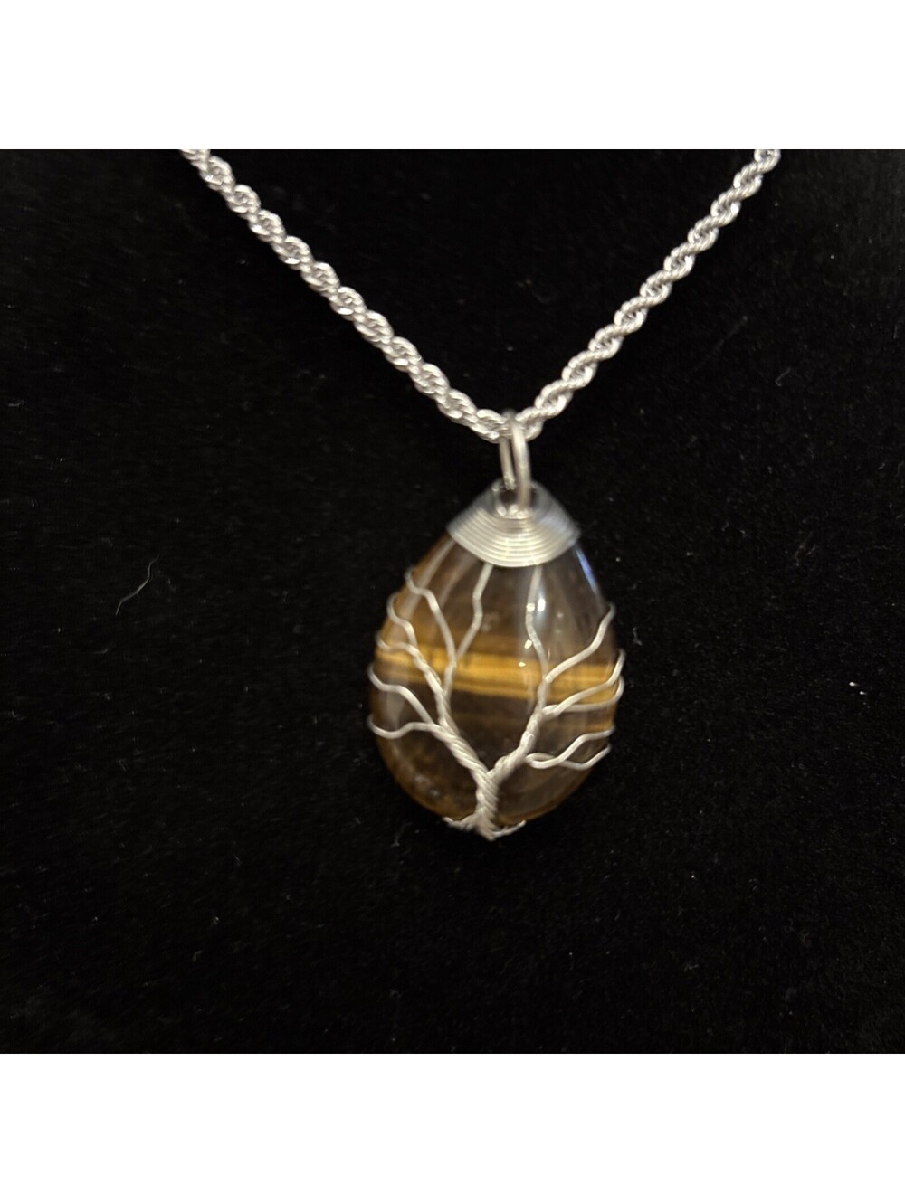 Tree Of Life Stainless Steel Wrapped Cats Eye Stone Approximately 22”